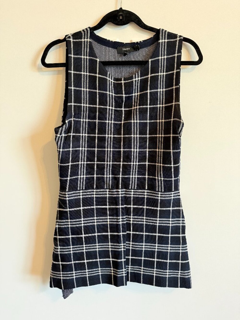 Theory Kalora Plaid Peplum Knit Top Navy Sleeveless L